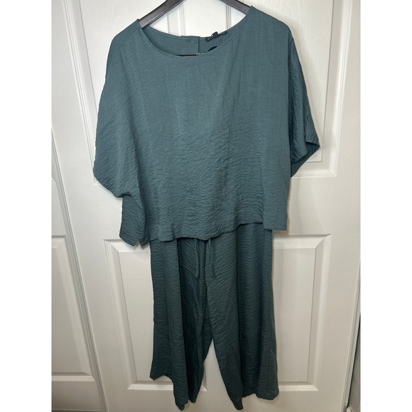 Adrianna Papell XL Blue Woven Crinkle Kimono Pant Set High Rise Lounge Set - Picture 1 of 6